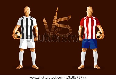 Football, Juventus vs Atletico Madrid soccer players holding vintage footballs, representing two opposing teams, standing isolated with a flat background behind them and a versus sign between them