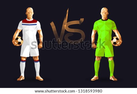 Football, Olympique Lyonnais vs Barcelona soccer players holding vintage footballs, representing two opposing teams, isolated with a flat background and a versus sign between them, vector illustration