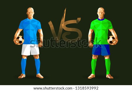 Football,  Manchester City vs Schalke 04 soccer players standing isolated on a dark background with versus sign between them low poly vector illustration