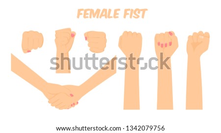 cartoon white female hand forming a fist viewed form different angles, making a handshake, vector illustration