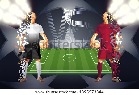 Football, Tottenham vs Liverpool soccer players holding vintage footballs, representing two opposing teams, standing isolated with a flat background behind them and a versus sign, vector illustration