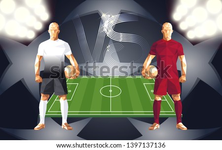 Football, Tottenham vs Liverpool soccer players holding vintage footballs, representing two opposing teams, standing isolated with a flat background behind them and a versus sign, vector illustration