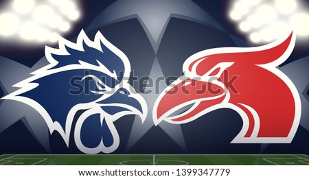 Tottenham Hotspur vs. Liverpool blue rooster and  red gannet/cormorant abstract mascot logos on a soccer field, final match, vector illustration