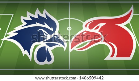 Tottenham Hotspur vs. Liverpool blue rooster and  red gannet/cormorant abstract mascot logos on a soccer field, final match, vector illustration