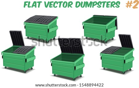 flat cartoon design of green dumpster containers isolated on a transparent background, vector illustration