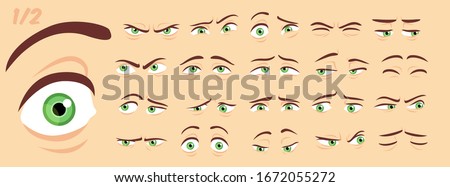 Male, female abstract cartoon eyes, eyebrows, eyelashes expression variations, emotions collection set 1/2, vector illustration