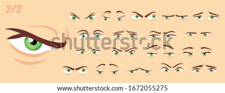 Male, female abstract cartoon eyes, eyebrows, eyelashes expression variations, emotions collection set 2/2, vector illustration