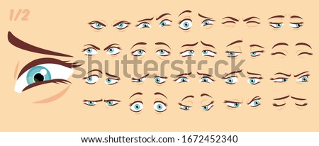 Female abstract cartoon eyes, eyebrows, eyelashes expression variations, emotions collection set 1/2, vector illustration