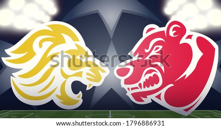 Olimpique Lion versus Bayern Munich, abstract mascots logos on a soccer field, vector illustration