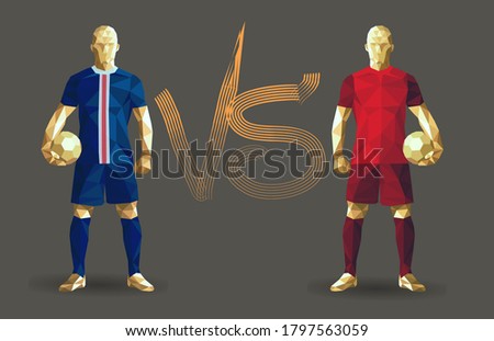 Football, PSG vs Bayern soccer players holding vintage footballs, representing two opposing teams, standing isolated with a flat background behind them and a versus sign, vector illustration