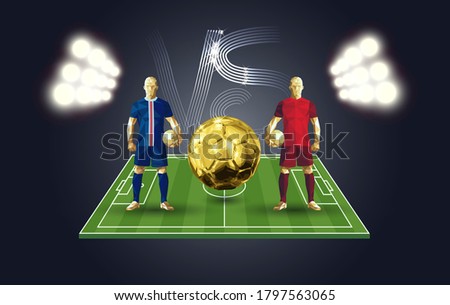 Football, PSG vs Bayern soccer players holding vintage footballs, representing two opposing teams, standing isolated with a flat background behind them and a versus sign, vector illustration