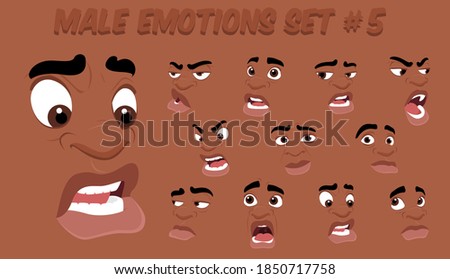 African American Male abstract cartoon face expression variations, emotions collection set #5, vector illustration