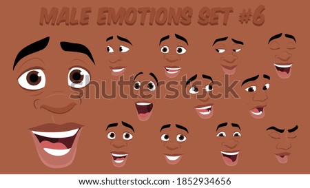 African American Male abstract cartoon face expression variations, emotions collection set #6, vector illustration