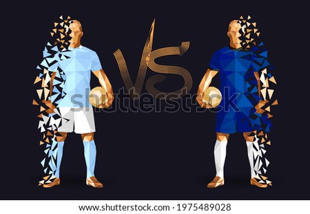 Football, Manchester vs Chelsea soccer players holding vintage footballs, representing two opposing teams, standing isolated with a flat background behind them and a versus sign, vector illustration