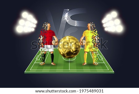 Football, Manchester vs Villarreal soccer players holding vintage footballs, representing two opposing teams, standing isolated with a flat background behind them and versus sign, vector illustration