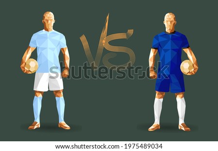 Football, Manchester vs Chelsea soccer players holding vintage footballs, representing two opposing teams, standing isolated with a flat background behind them and a versus sign, vector illustration ストックフォト © 