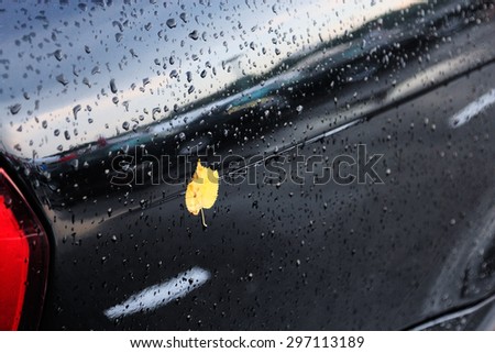 Raindrops and yellow leaf on black car after the rain at early fall.