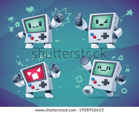 cute portable game robot mascot character set