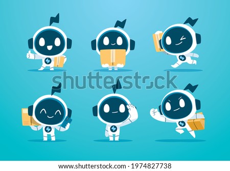 set of white modern robot mascot character delivery object