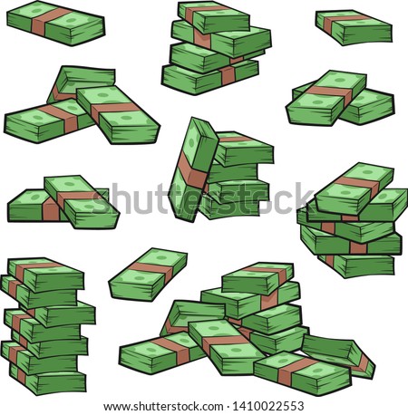 Cartoon money. Piles of cash. Stacks of dollars. Bundles of money isolated on white background. Vector illustration EPS 8. Line art