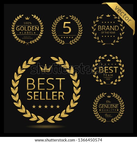Golden Laurel wreath label badge set isolated. Best seller, five stars, best brand, genuine quality. Vector illustration