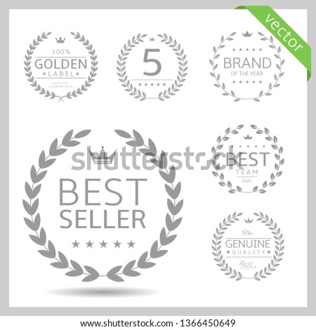 Laurel wreath label badge set isolated. Best seller, five stars, best brand, genuine quality. Vector illustration