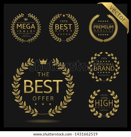 Golden Laurel wreath label badge set isolated. Best quality, best offer, best buy. Vector illustration