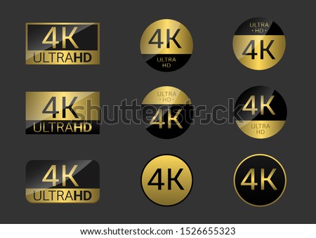 Golden 4K badge icon set. 4k Ultra Hd icons. 4K UHD TV symbol of High Definition monitor display resolution standard
