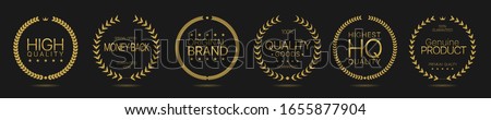 Golden Laurel wreath labels. Highest quality, money back, high quality, quality goods, genuine product, original brand golden labels. Vector illustration