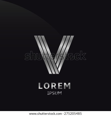 Vector silver metallic letter V logo, metal alphabet