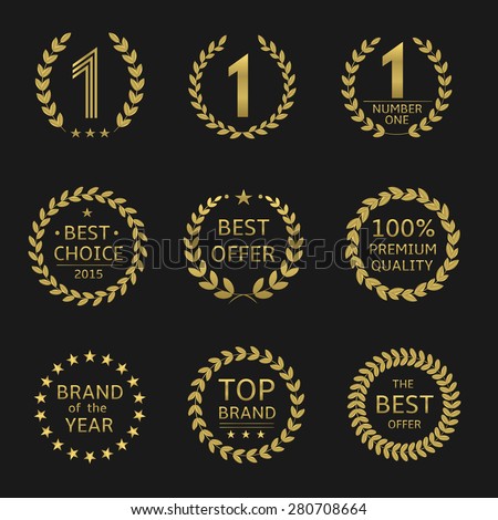 Golden Award symbols. Brand of the year, best choice, best offer, top brand, 100% premium quality