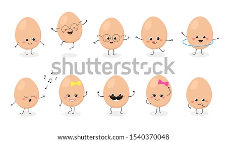 Set of cute amusing egg emojis. Vector flat illustration isolated on white background 