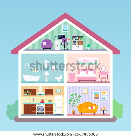 Modern house inside interior in cut. Rooms with furniture: kitchen, bathroom, living room, loft with workplace, bedroom. Vector flat illustration Сток-фото © 