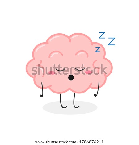 Cute funny cartoon brain character dozing off on his way. Vector illustration isolated on white background 