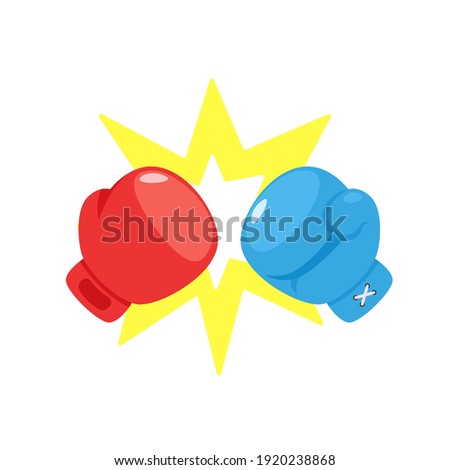 Two boxing gloves fighting concept red vs blue with yellow sign of impact. Vector flat illustration isolated on white background 
