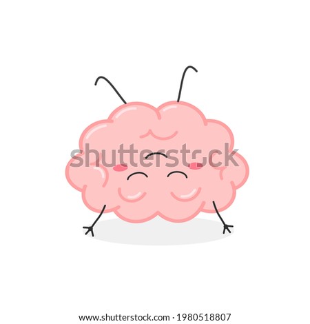 Funny relaxed human brain organ character meditating upside down. Vector flat illustration isolated on white background