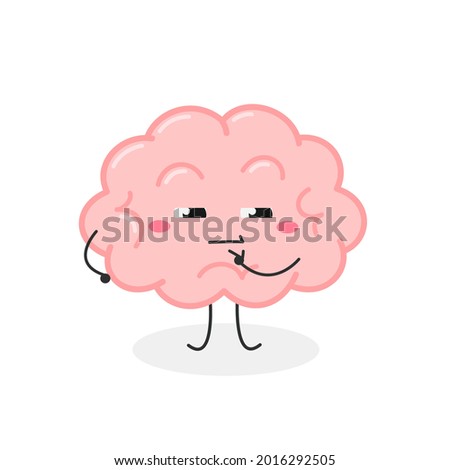 Funny thoughtful human brain with doubtful skeptical facial expression in pose of indecision. Vector flat illustration isolated on white background