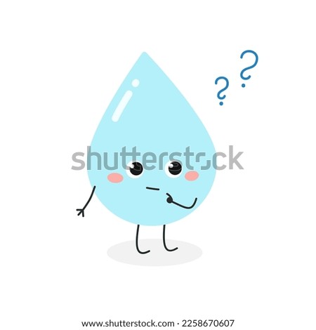Cute confused cartoon water drop character with question marks. Vector flat illustration isolated on white background