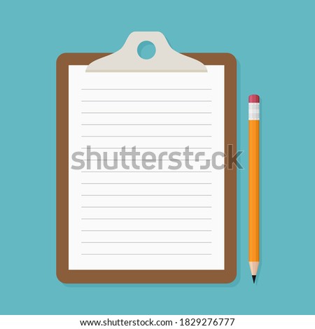 Clipboard with white paper and pencil on blue background