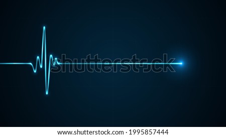 Blue glowing neon heart pulse. Heart beat 