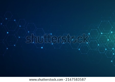 Hexagons pattern on blue background. Genetic research, molecular structure. Chemical engineering. Concept of innovation technology. Used for design healthcare, science and medicine background 