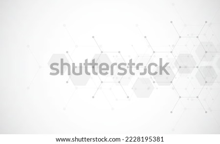 Hexagons pattern on gray background. Genetic research, molecular structure. Chemical engineering. Concept of innovation technology. Used for design healthcare, science and medicine background