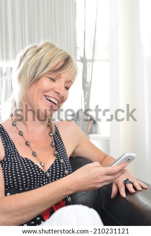 Happy woman phone talking. Face with toothy smile