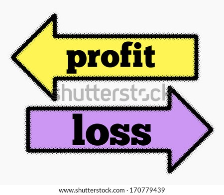 Profit and loss signs in yellow and purple arrows concept