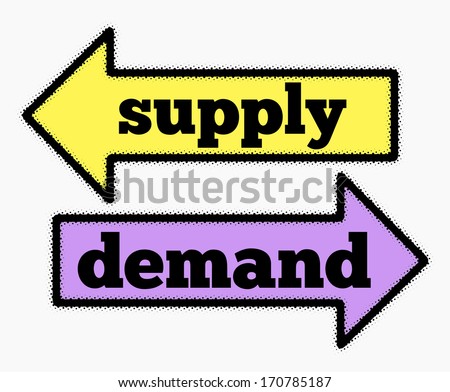 Supply and demand signs in yellow and purple arrows concept