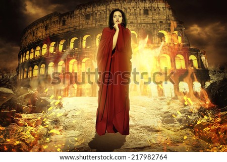 Beautiful woman in fire. Priestess praying to god. Rome. Fantasy woman. Book cover