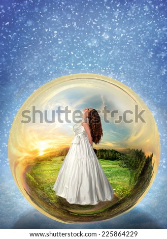 Beautiful woman in white inside snow globe. Fantasy book cover