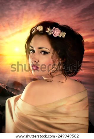 Beautiful fantasy woman on ocean beach. Magical portrait. Book cover