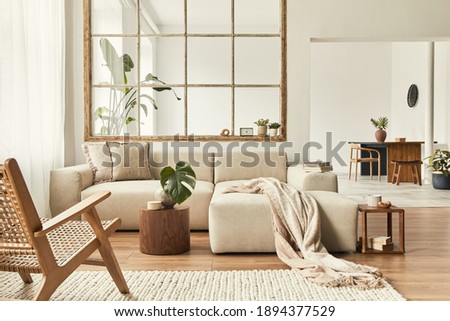 Modern interior of open space with design modular sofa, furniture, wooden coffee tables, plaid, pillows, tropical plants and elegant personal accessories in stylish home decor. Neutral living room. Foto stock © 