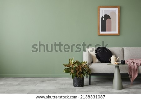Image, Stock Photo Accessory composition detail for women and girls. White flower in a small ceramic vase with copper bracelet and golden rings and leather bag on a wooden side table at a white wall in a bright room.